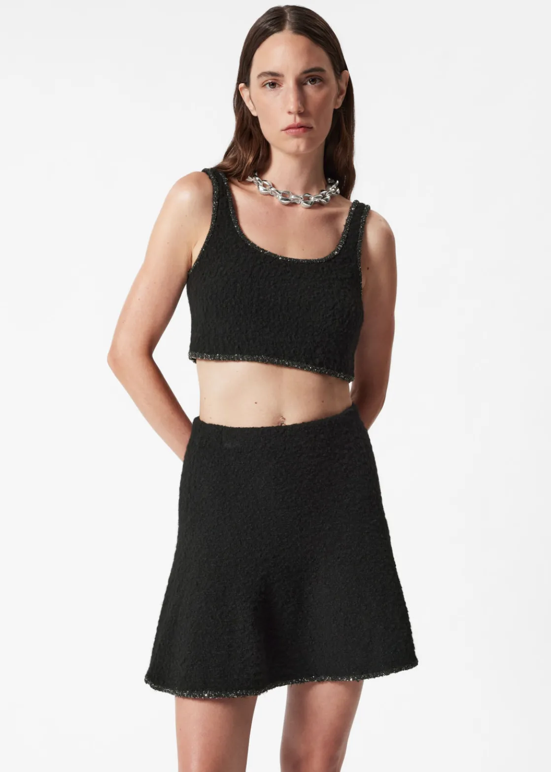 Sequin-Trimmed Bouclé Bralette Top