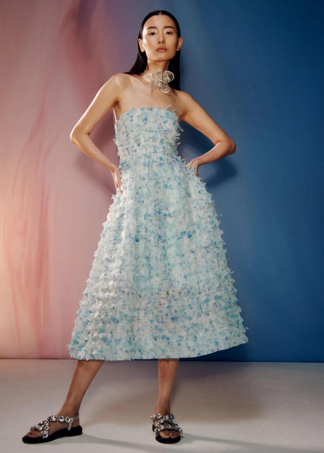 Floral-Appliqué Midi Dress