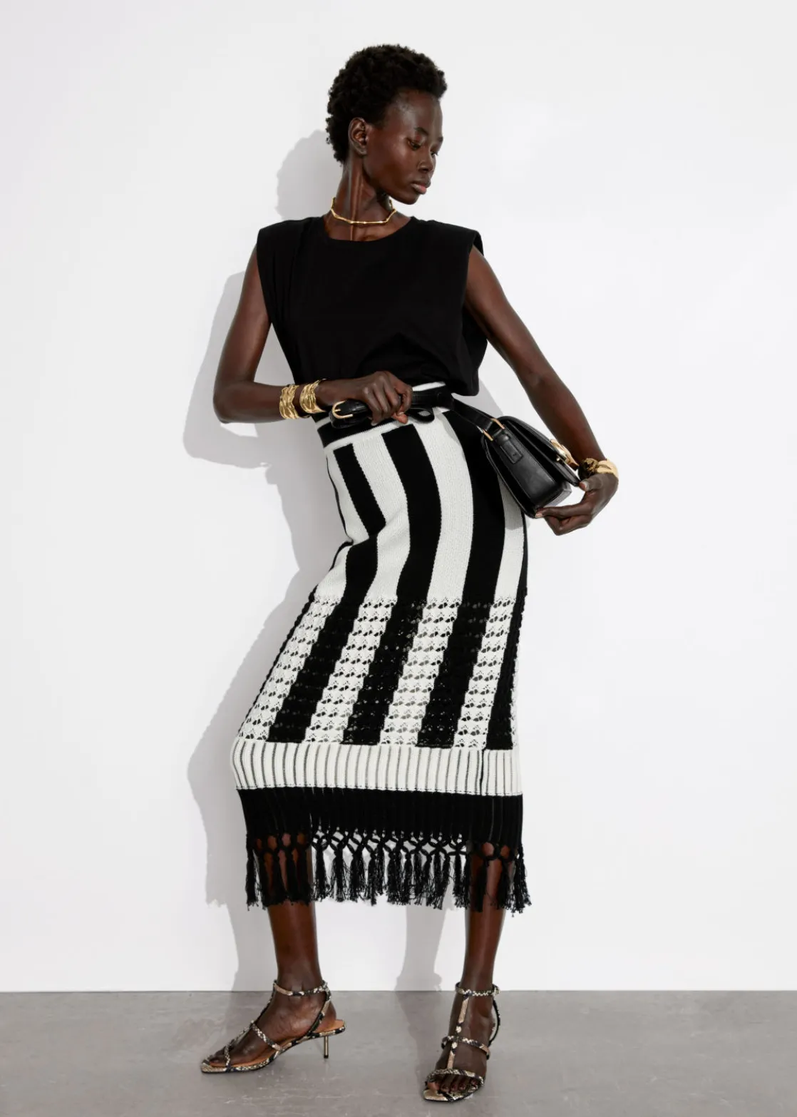 Fringed Knit Midi Skirt
