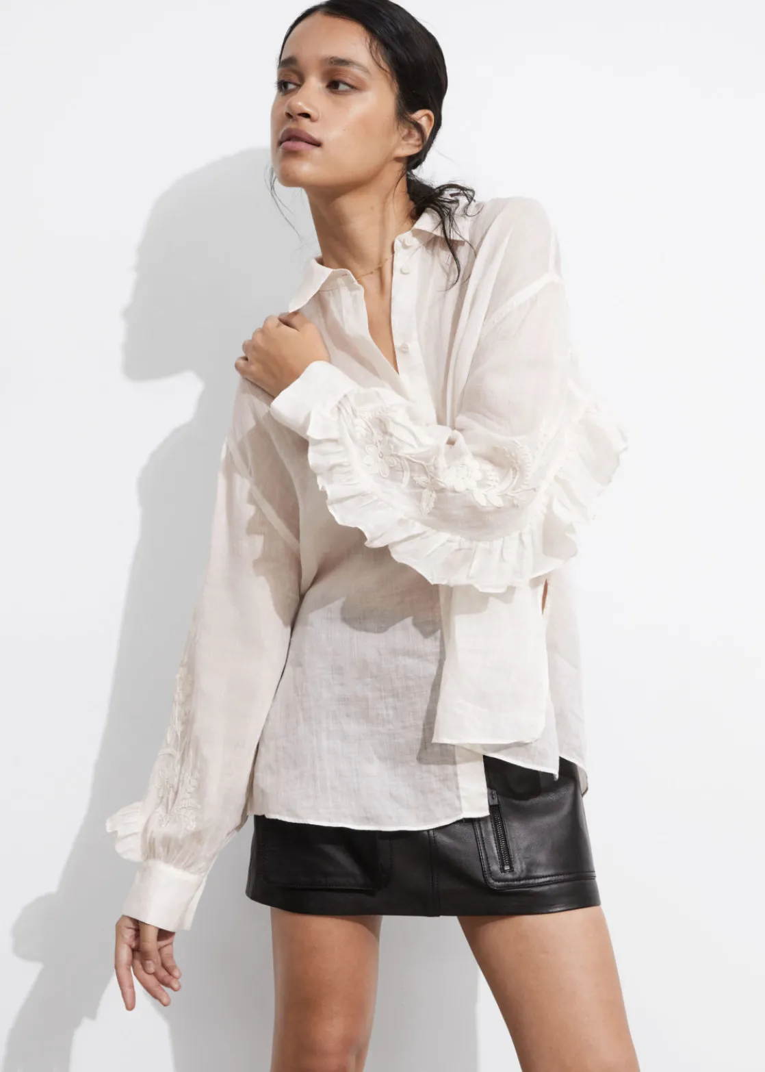 Embroidered Frill-Trimmed Shirt