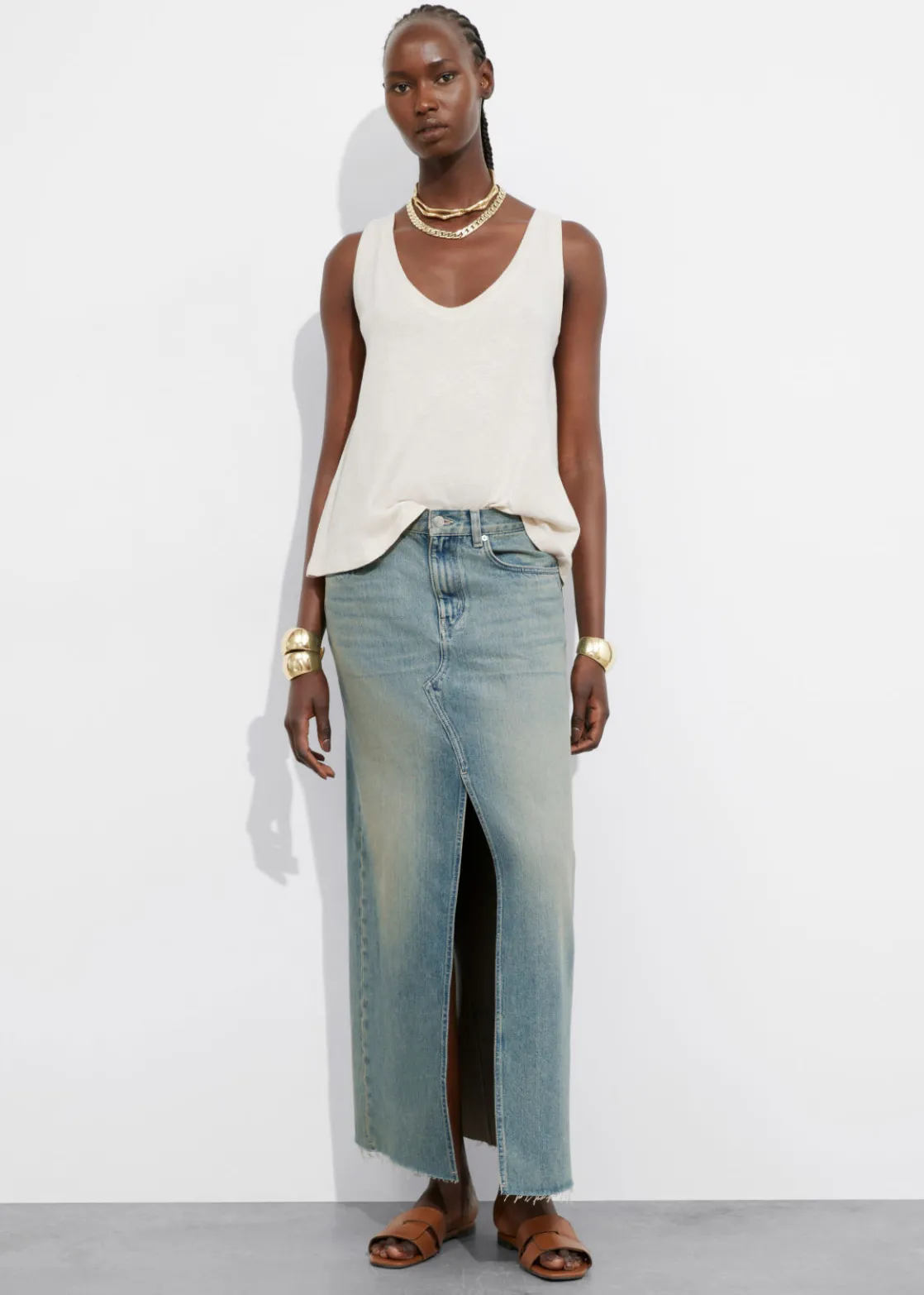 Front-Slit Denim Midi Skirt