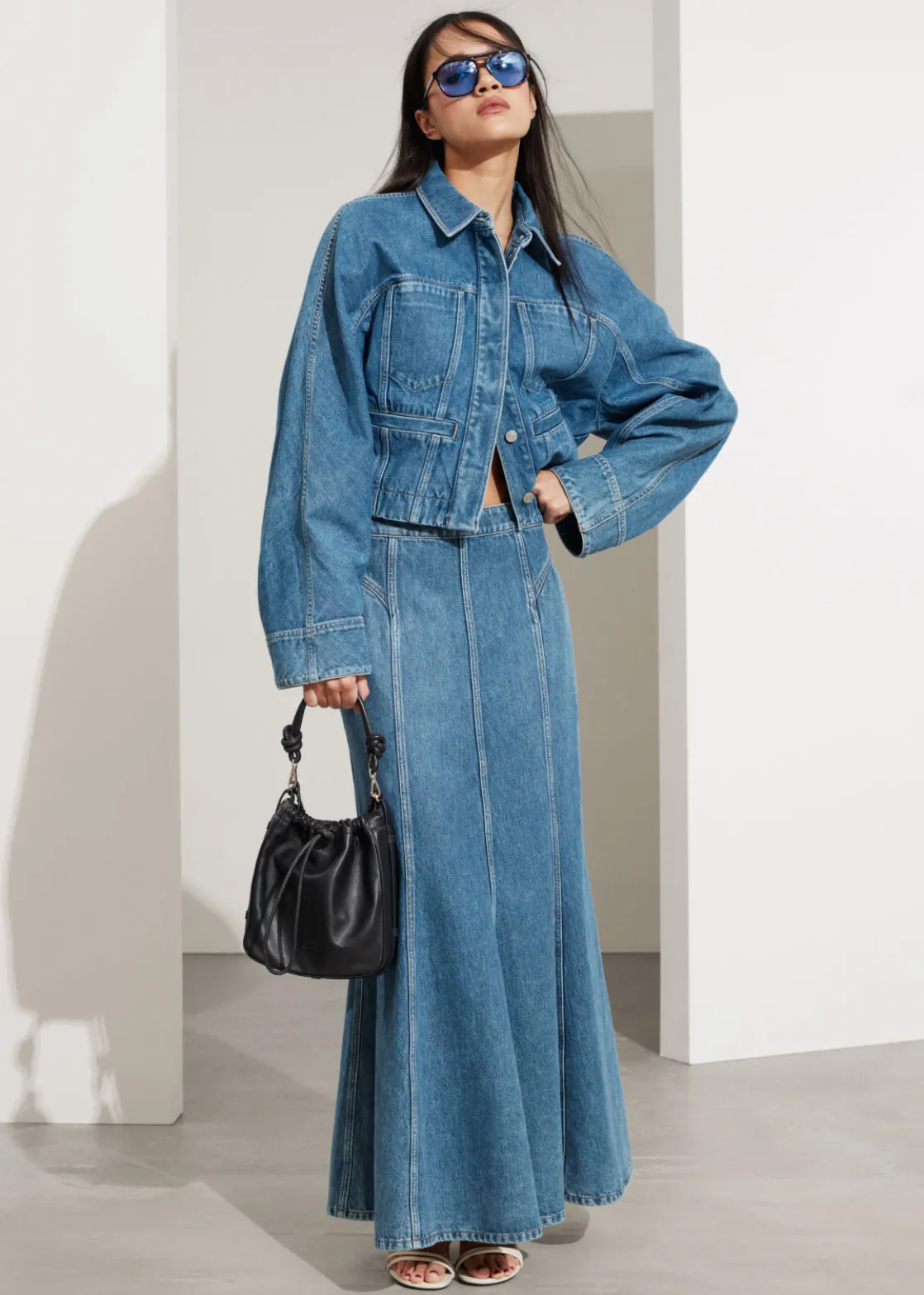 Pleated Denim Maxi Skirt
