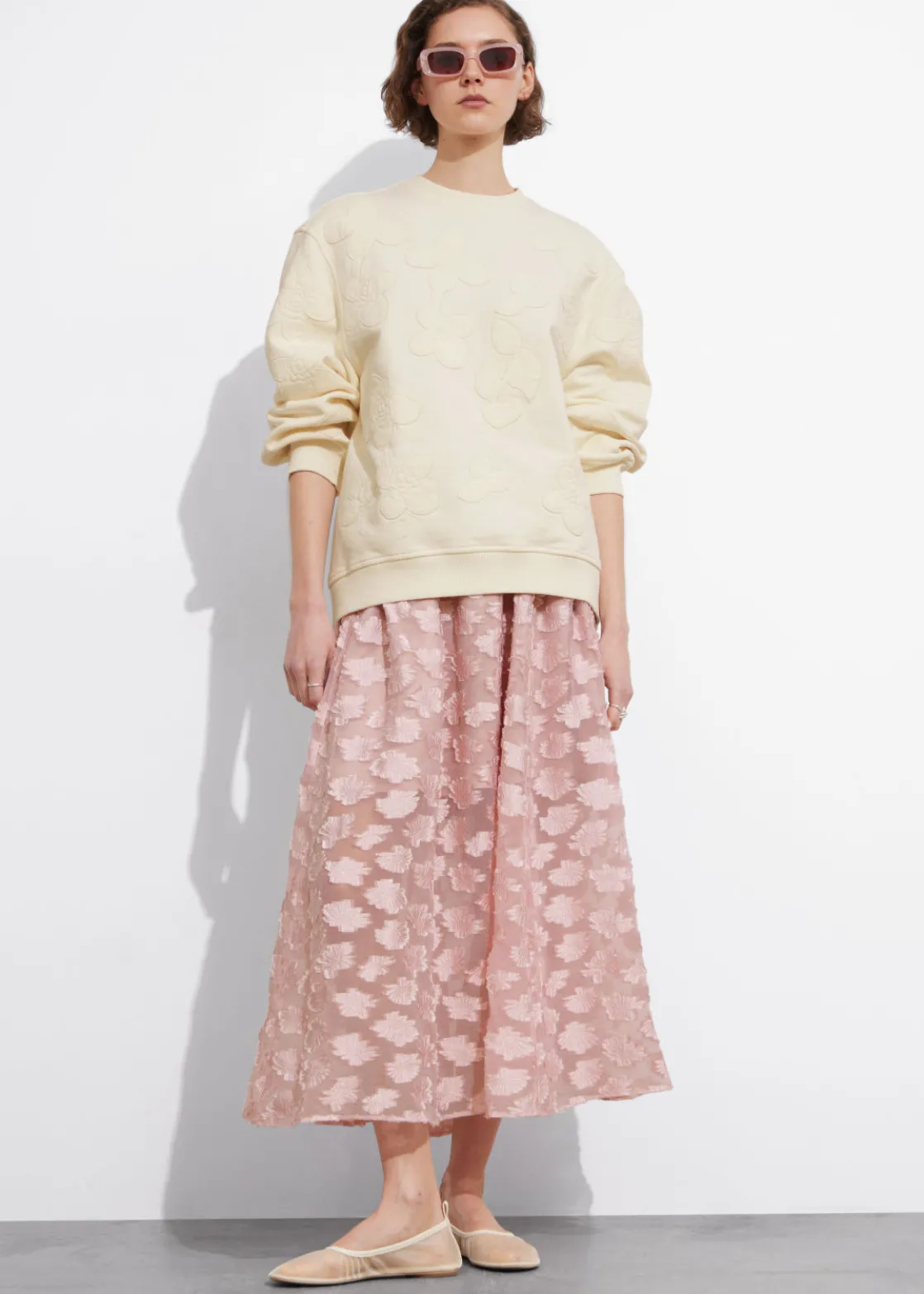 Floral-Appliqué Midi Skirt