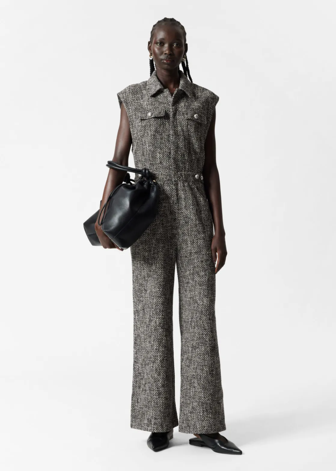 Wide Sleeveless Tweed Jumpsuit