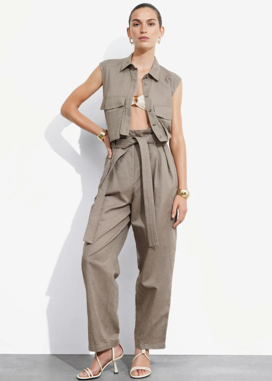 Linen-Blend Paperbag Trousers