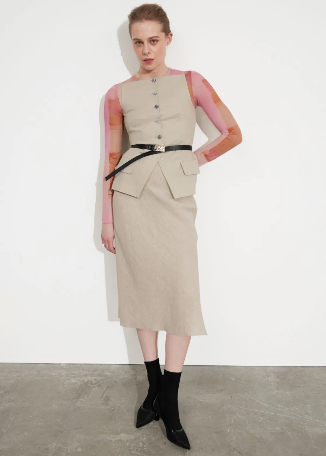 Strap Detail Linen Midi Skirt